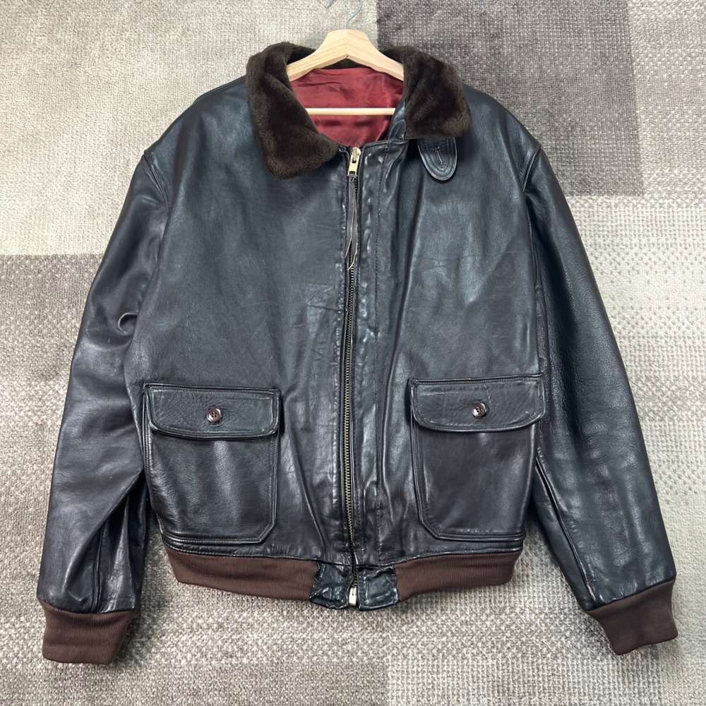 Vintage Dark Brown Leather G-1 Flight Aviator Bomber Jacket Fur Collar Mens XL